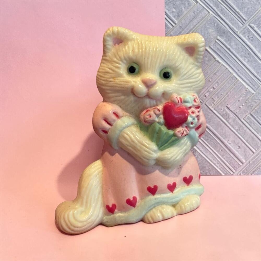 Sweetheart Cat Brooch Pink Hearts Flowers Vintage Hallmark Valentine Kitty
